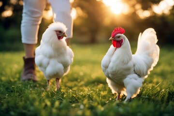 Fototapeta premium 'rays beautiful lazily kuchinskaya grass breed cock chicken anniversary soft walking garden sunset hen farm field poultry green bird brown nature range red background cute natural animal outdoors'