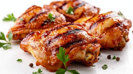 Delicious grilled chicken thighs, skin crispy and golden, succulent meat, cooked over charcoal, clean isolated background