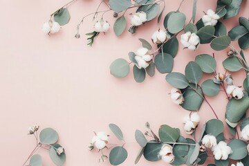Flowers composition - fresh eucalyptus leaves and cotton flowers on light pink background, banner. Delicate floral background. Flat lay, top view, copy space
