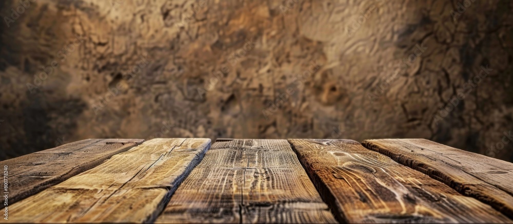Poster a simple wooden table is placed in front of a plain brown wall, creating a rustic and cozy atmospher