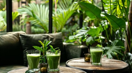 A cozy lounge area adorned with lush green plants where guests relax with glasses of freshly pressed green juice and ginger shots.