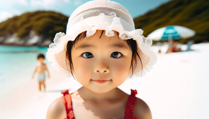 夏の砂浜で遊ぶ日本人の幼い女の子