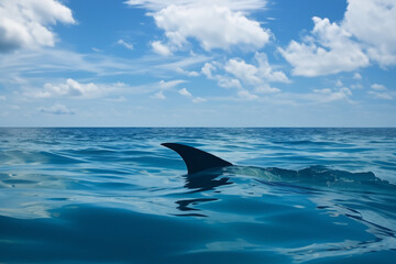 Fototapeta premium Shark fin on ocean surface in cloudy clear sky