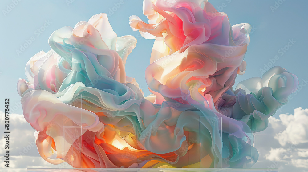 Poster abstract digital artwork of colorful, swirling forms resembling fluid motion on a cloud-like backgro