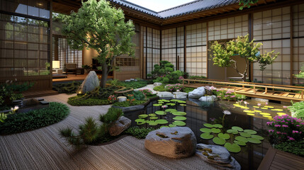 An interior courtyard with a Japanese-inspired garden, featuring a manicured Zen rock garden, tranquil pond with lily pads, and a small wooden bridge. The space serves as a meditative retreat, 
