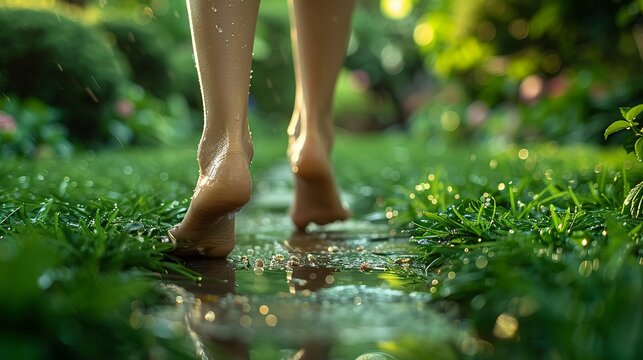 Healing garden at a wellness sanctuary, guests walking barefoot on a dewy grass path, reconnecting with nature for mental clarity