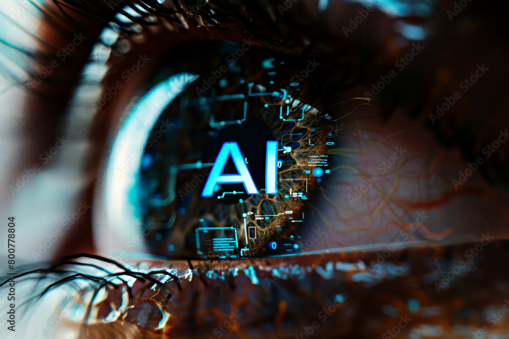 Poster a close up of a person's eye with the word ai written in blue.ai generative