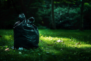 A black trash bag is sitting on the grass in a park.ai generative