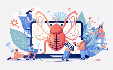 Little people test quality assurance in software and fix bugs in hardware. Very nice vector illustration