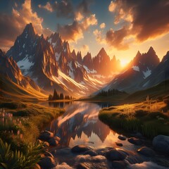 Mountain landscape with lake and reflection in water at sunset. 3d render generated by ai