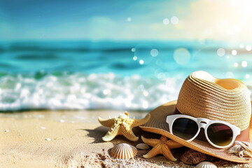 A blue pair of sunglasses and a straw hat are on the beach. summer holiday vocation .ai generative