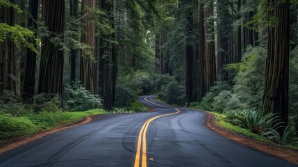 Scenic road in Redwood National Forest,A winding mountain road disappearing into a dense forest of towering trees,Scenic road in Redwood National Forest. Generated AI