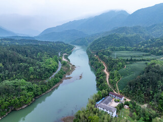 Aerial photography of the tea farm on the mountain