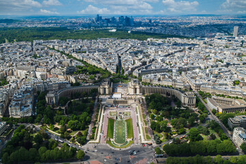 Paris, France. April 25, 2022: Chaillot Palace and its gardens. panoramic view.