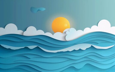 Sea horizon panoramic view in excellent paper cut style vector illustration
