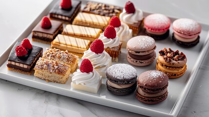 Gourmet dessert platter featuring mini pastries and macarons, arranged elegantly, highlighted with professional studio lighting