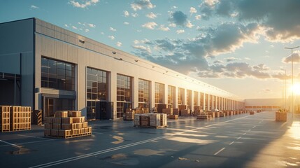 Efficiency in Commerce: Modern Warehouse Exterior with Goods on Pallets Under Bright Sunlight, for corporate brochure and website 