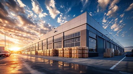 Obraz premium Efficiency in Commerce: Modern Warehouse Exterior with Goods on Pallets Under Bright Sunlight, for corporate brochure and website 