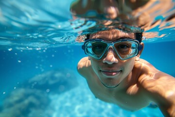 Naklejka premium A man wearing blue goggles is underwater.ai generative