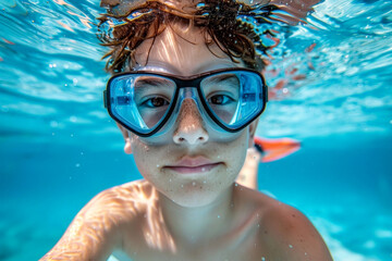 Fototapeta premium A young boy is swimming in a pool wearing goggles.ai generative