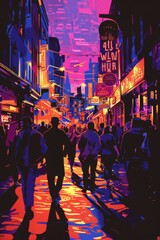Obraz premium A bustling nightlife district in pop art style, crowds spilling out of bars, stylized figures, and neon lights