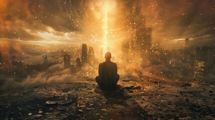 Amidst the chaos and destruction a lone figure knelt in prayer as a beam of celestial energy surrounded them a sign of divine intervention . .