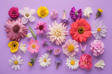 Top view of natural fresh flowers arranged on violet background