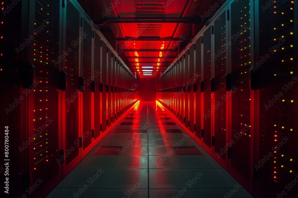 Poster a dimly lit data center, endless rows of server racks stretching into the darkness, illuminated by s