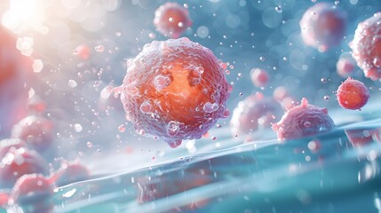 Rendering of a 3D concept for an oncology treatment that effectively kills isolated cancer cells on a pastel background with copy space.