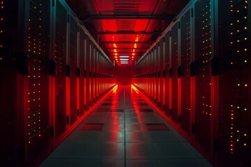 Fototapeta premium A dimly lit data center, endless rows of server racks stretching into the darkness, illuminated by status LEDs