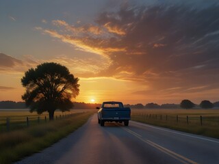 car driving on asphalt road in rural landscape at sunrise. design for banner, poster, web, social media. generative ai