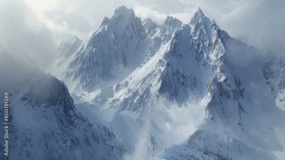 Poster the image shows a vast snowy mountain range captured from the window of an airplane. the snow-covere
