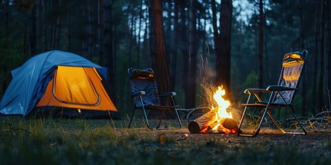 Beautiful bonfire with burning firewood near chairs and camping tent in forest