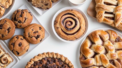 Heavenly baked treats displayed from above - chocolate chip cookies, apple pie slices, and spiraled cinnamon rolls, clean isolated background