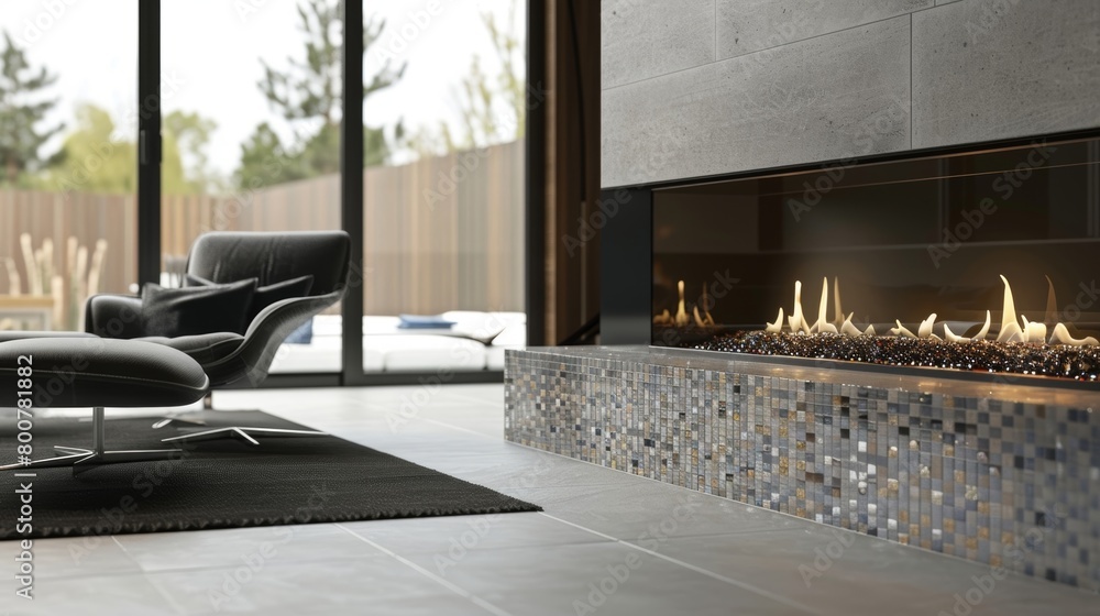 Poster the fireplaces floating hearth is adorned with a bold mosaic design bringing a pop of color and text