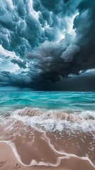 Fototapeta premium A storm brewing over the ocean, dark clouds contrasting with turquoise water, panoramic format