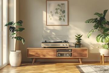 A beautiful vintage vinyl record player is on a minimal wooden cabinet in a cozy minimal living room. 3d render, 3d illustration