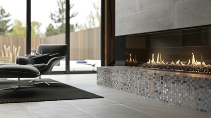 Naklejka premium The fireplaces floating hearth is adorned with a bold mosaic design bringing a pop of color and texture to the minimalist room. 2d flat cartoon.