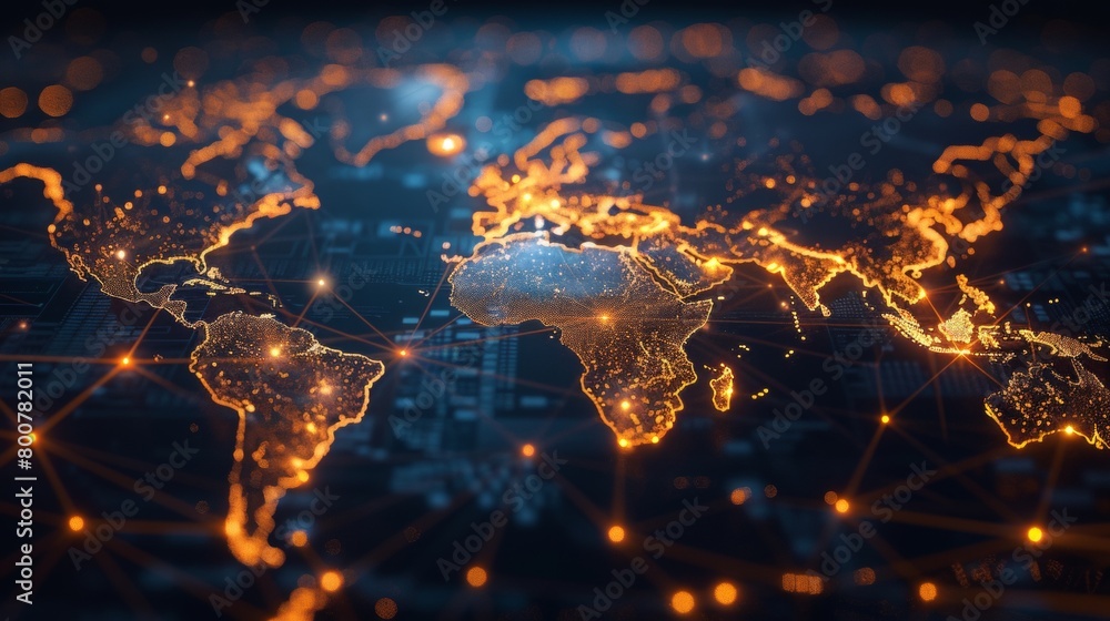 Poster a global map with pulsating beams of light representing major data arteries, converging on cloud hub