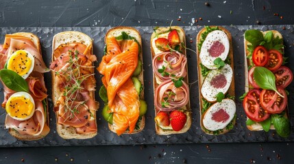 Gourmet sandwich assortment from above, featuring deluxe ingredients and unique spreads, elegantly presented on a stark background with ideal studio lighting, style raw
