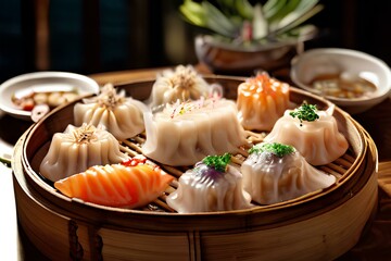 Dim sum food with many asian dishes.