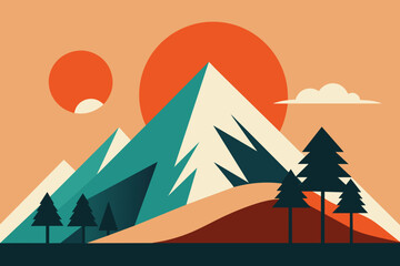 Mid century modern mountain art print. Abstract contemporary aesthetic backgrounds landscapes. illustration of mountain, tree, sky and sun design