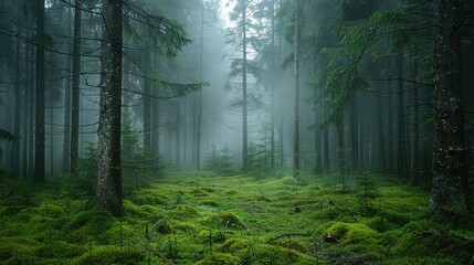 Obraz premium A dense forest shrouded in fog evokes an ethereal and mysterious atmosphere. Fantasy landscape. Generative AI