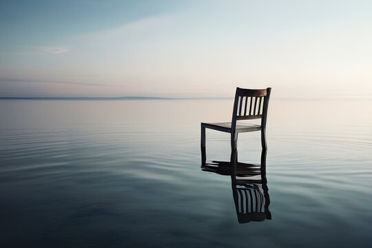 Chair standing in middle of a peaceful water surface, muted colors , sorrow or loneliness concept image.