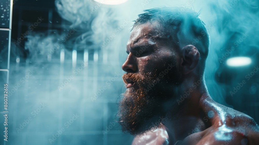 Aufkleber a photograph of a mma fighter in a sauna with a caption highlighting how regular sauna use can impro