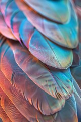 Bird feather texture, soft barbs, iridescent colors, hints of flight