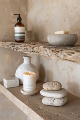 Obraz na płótnie Canvas Close-up of a minimalist bathroom shelf with hand-poured soy candles, a textured ceramic oil burner, and a stack of smooth stones.