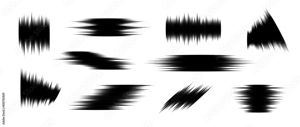 Poster Halftone glitch element set. Dotted textured random form collection. Grunge abstract halftone spikey shapes for print, banner, poster, collage, overlay, label, tag. Distressed grunge vector pack