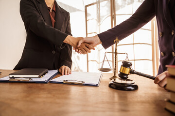 Shaking hands, Lawyers offer legal guidance, stand for clients in court, and aid with legal paperwork. analyze laws to safeguard clients' rights and interests, fair representation and justice.