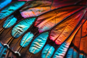 Close-up of butterfly wings, intricate patterns, vibrant and iridescent colors - obrazy, fototapety, plakaty